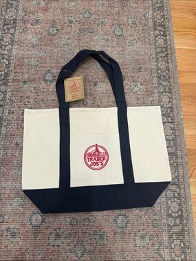 Trader Joe's Cream and Navy Canvas Tote with Red Logo Large